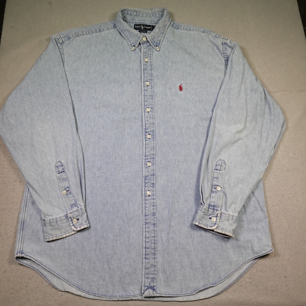 Vintage Ralph Lauren Denim Button Shirt Mens XL Blaire Pony Logo Long Sleeve 90s